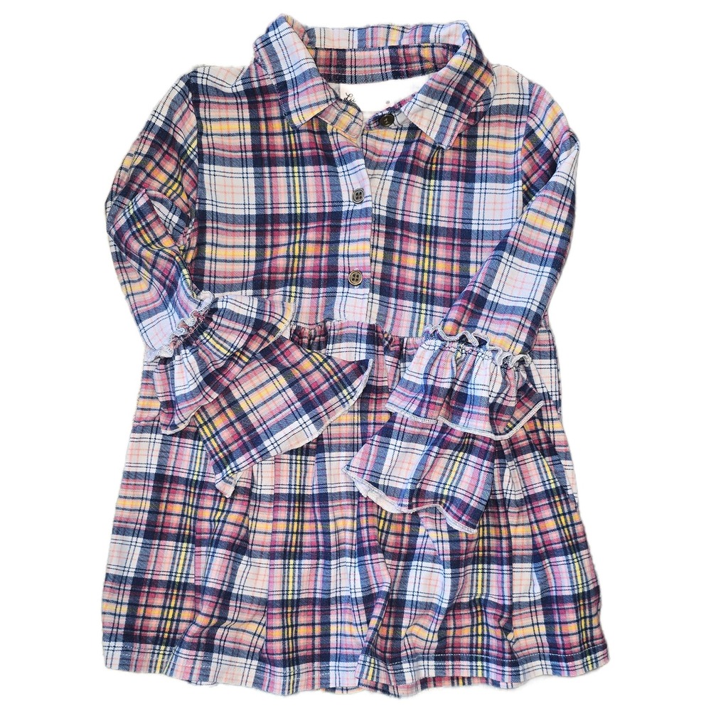 Little Lass Girls 3T Plaid Button Front Ruffle Bell Sleeve Shirt Dress Pink Navy